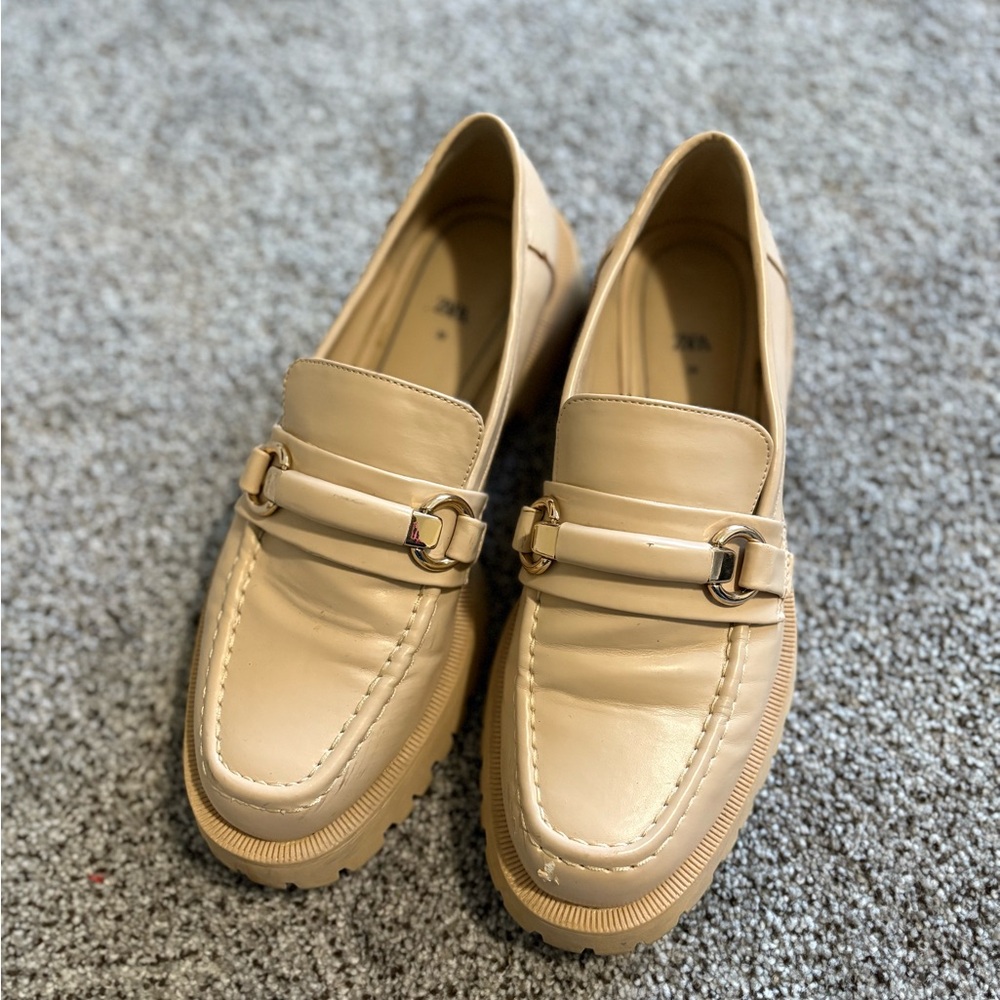 Zara Cream Women's Loafers with Gold Buckle